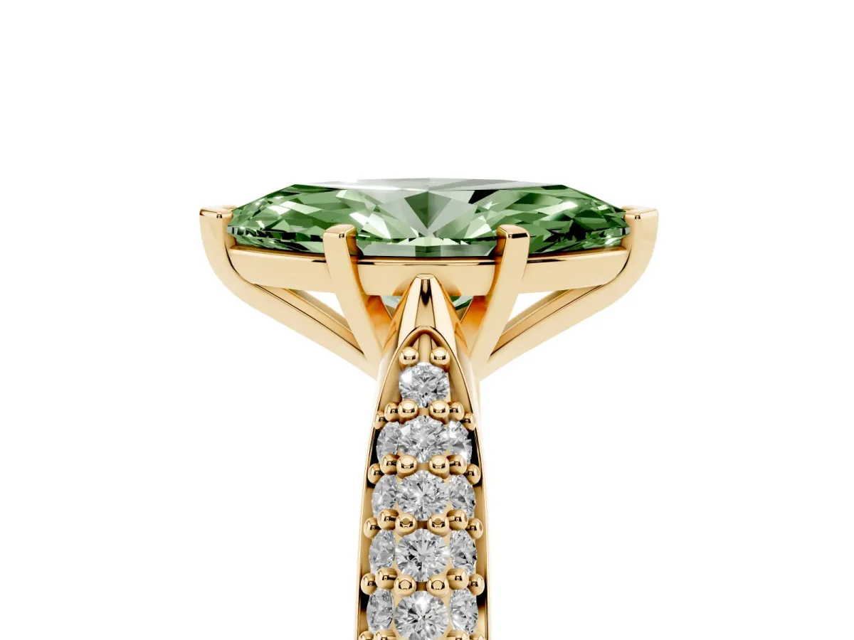 Fancy Green Marquise Cut Diamond Solitaire Engagement Ring with Multi-Row Round Pavé Band and Prong Setting Yellow gold