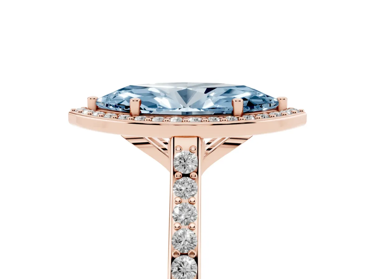 Fancy Blue Marquise Cut Diamond Halo Engagement Ring with Round Pavé Shoulders and Prong Setting Rose gold