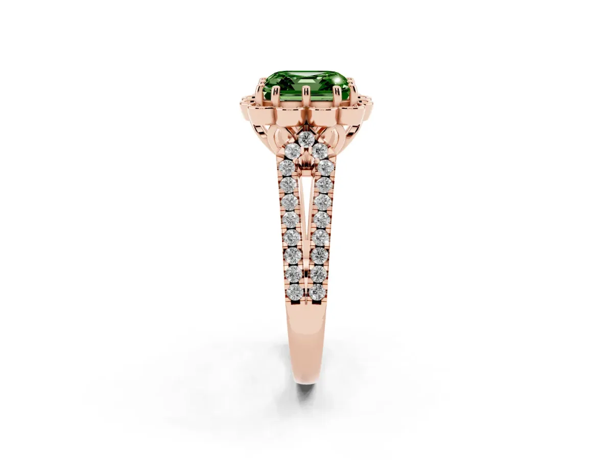 Fancy Green Asscher Cut Halo Diamond Floral Split Shank Engagement Ring Rose gold
