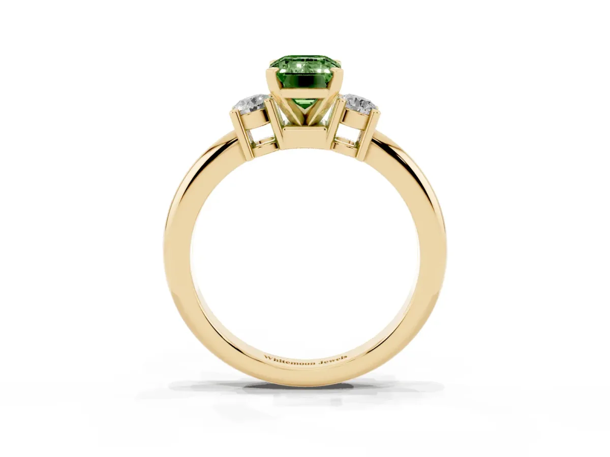 Fancy Green Three-Stone Emerald Cut Cut Diamond Solitaire with Prong Setting and Classic Band Yellow gold