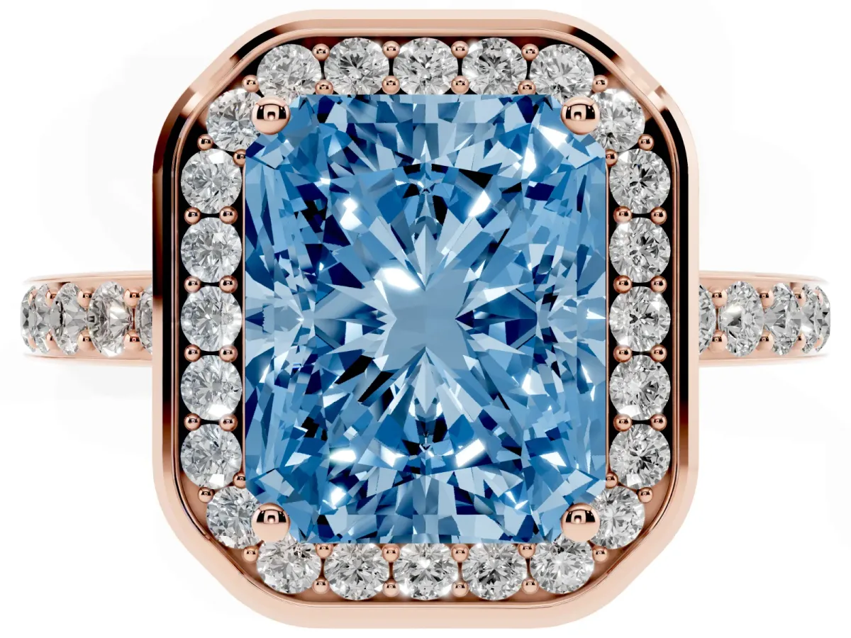 Fancy Blue Radiant Cut Diamond Halo Ring with Bezel Frame and Pavé Band Rose gold