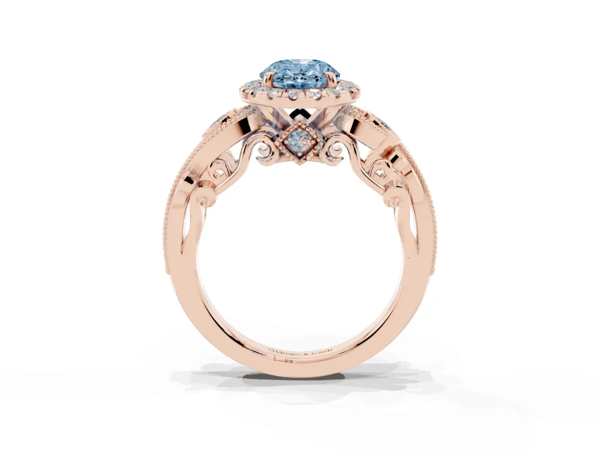 Fancy Blue Oval Cut Halo Diamond Ring with Milgrain and Bezel Accents on a Split Shank Band Rose gold