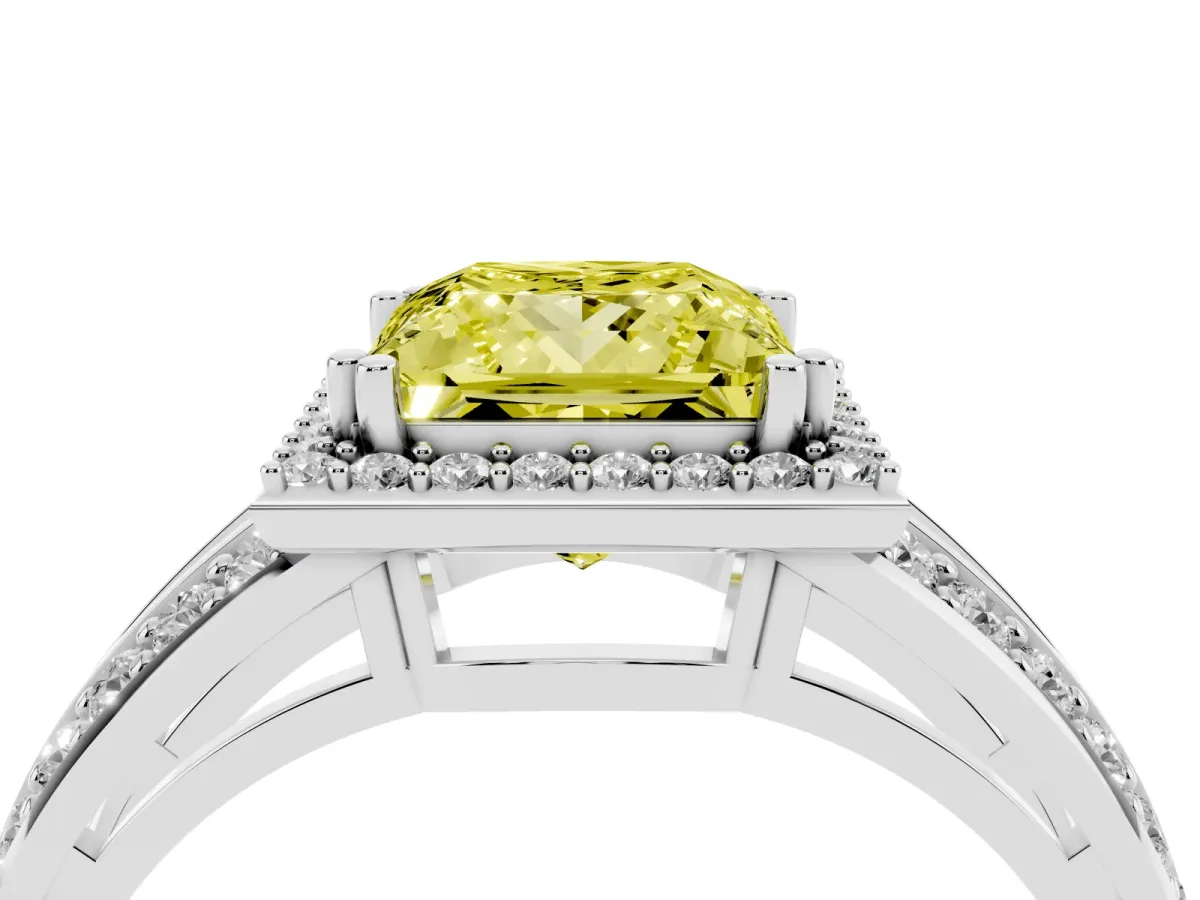 Fancy Yellow Princess Cut Diamond Halo Ring with Split Shank Pavé Band and Four-Prong Setting Platinum