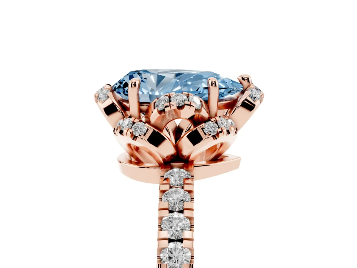 Fancy Blue Pear Cut Halo Diamond Pave Band Ring with Four-Prong Setting Rose gold