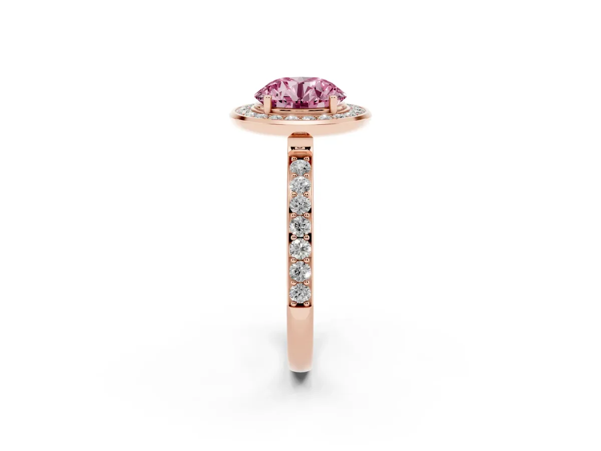 Fancy Pink Round Cut Diamond Halo Ring with Bezel Frame and Pavé Band Rose gold