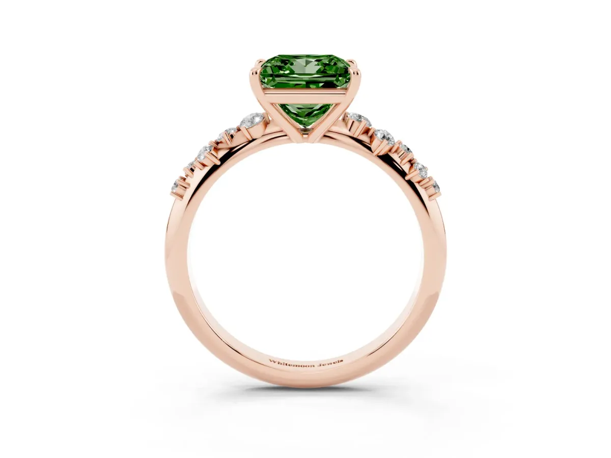 Fancy Green Princess Cut Diamond Cluster Side Stone Solitaire Ring with Prong Setting Rose gold