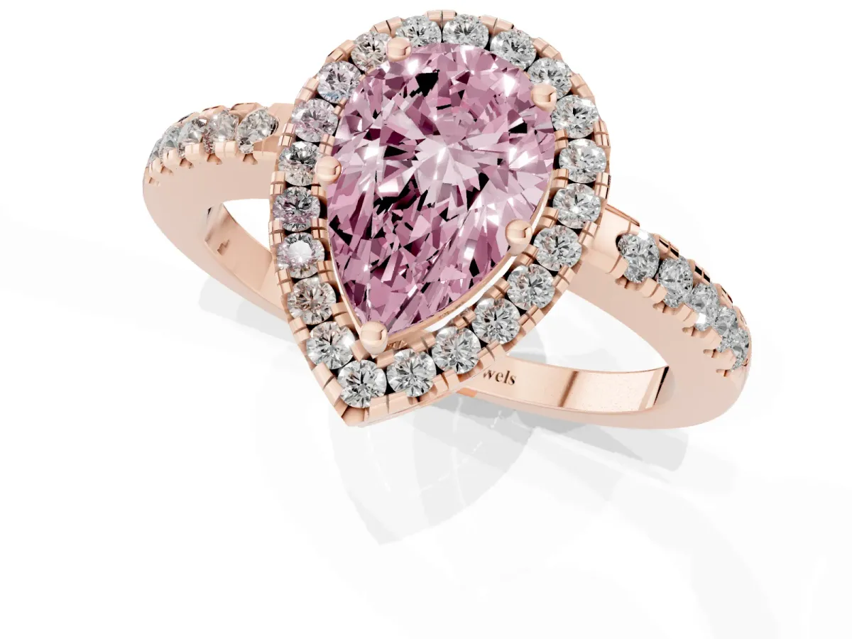Fancy Pink Pear Cut Halo Diamond Engagement Ring with Pavé Band and Four-Prong Setting Rose gold
