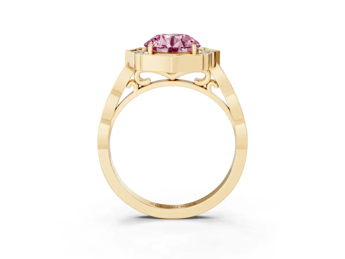 Fancy Pink Round Cut Halo Diamond Engagement Ring with Milgrain Band and Four-Prong Setting Yellow gold