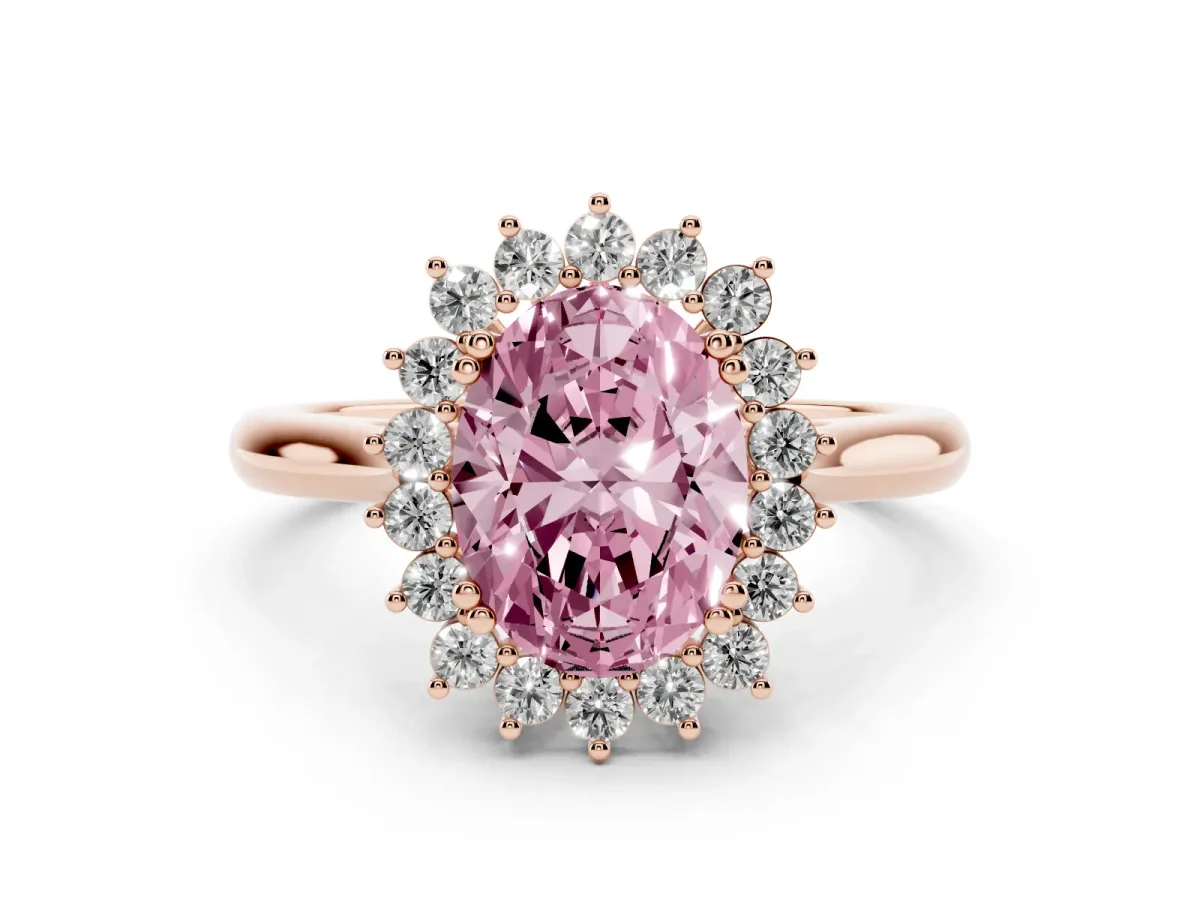 Fancy Pink Oval Cut Cut Diamond Halo Ring with Solitaire Band and Prong Setting Rose gold