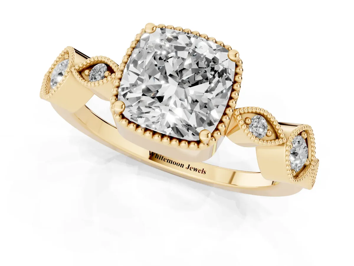 Cushion Cut Diamond Vintage Milgrain Ring with Round Stations Yellow gold
