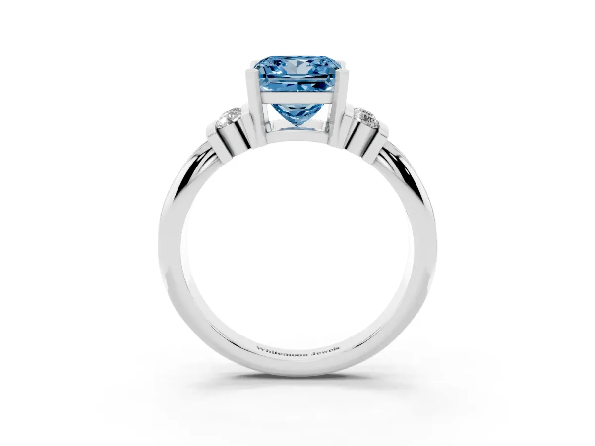 Fancy Blue Princess Cut Cut Three-Stone Channel Set Ring with Bar Prongs Silver