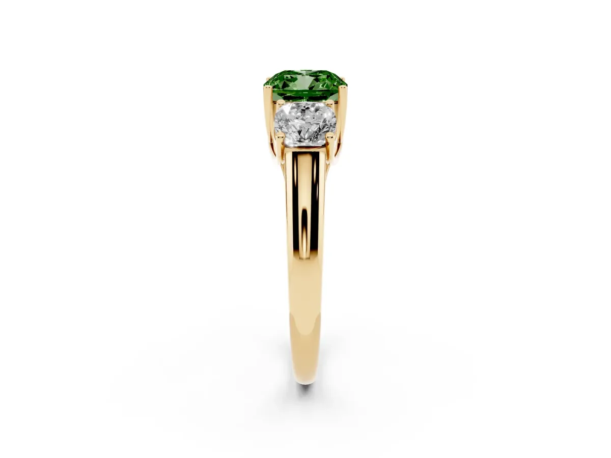 Fancy Green Three-Stone Cushion Cut Diamond Engagement Ring with Prong Setting Yellow gold