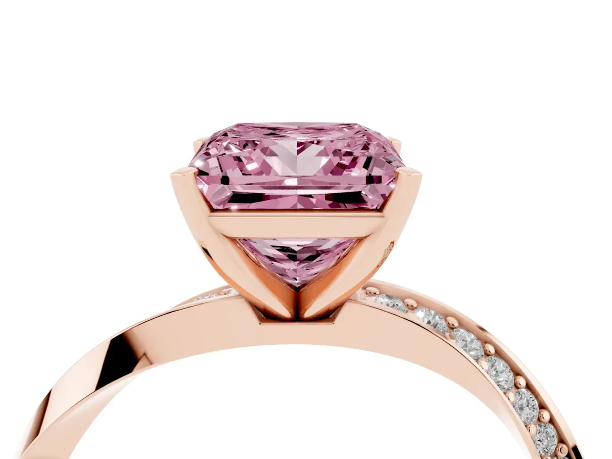 Fancy Pink Princess Cut Diamond Engagement Ring with Side Stone Accents and Four-Prong Setting Rose gold
