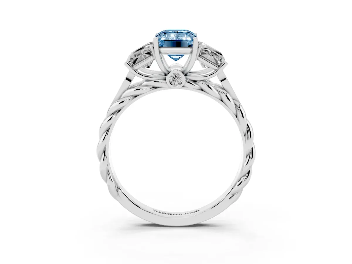 Fancy Blue Three-Stone Emerald Cut Diamond Braided Band Ring with Four-Prong Setting Platinum
