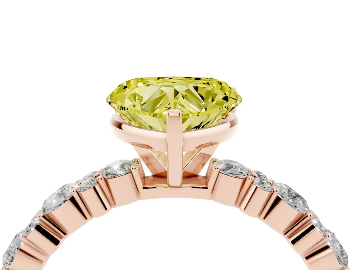 Fancy Yellow Heart Cut Diamond Side Stone Solitaire Ring with Round and Four-Prong Setting Rose gold