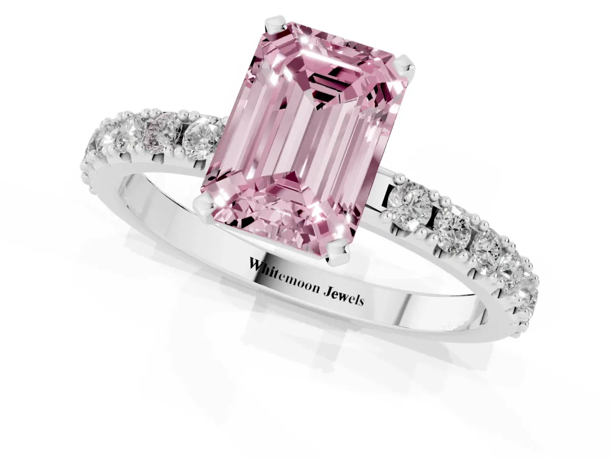 Fancy Pink Emerald Cut Diamond Solitaire Pavé Band with Four-Prong Setting Platinum