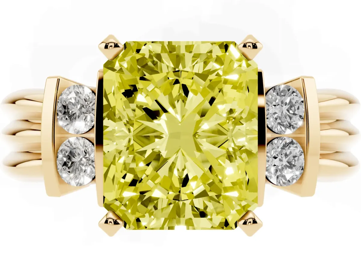 Fancy Yellow Radiant Cut Cut Three-Stone Channel Set Ring with Bar Prongs Yellow gold