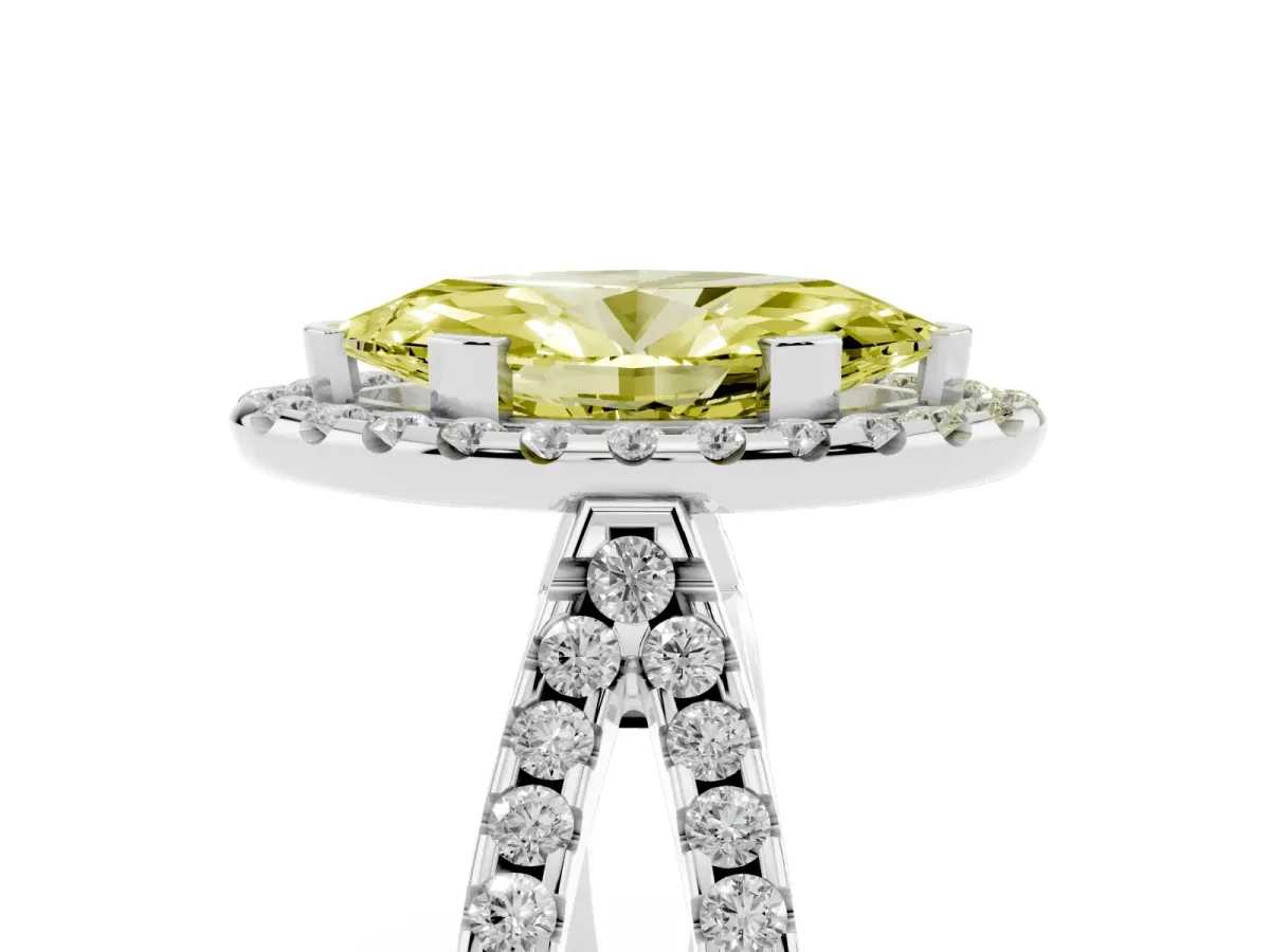 Fancy Yellow Marquise Cut Diamond Halo Ring with Split Shank Pavé Band and Prong Setting Silver