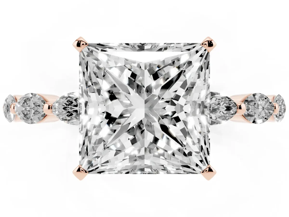 Princess Cut Diamond Ring with Marquise Side Stones and Prong Setting Rose gold