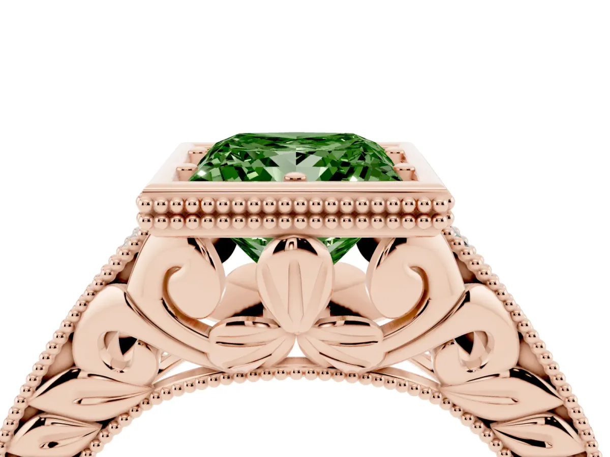 Fancy Green Bezel Set Princess Cut Diamond Milgrain Pave Engagement Ring Rose gold