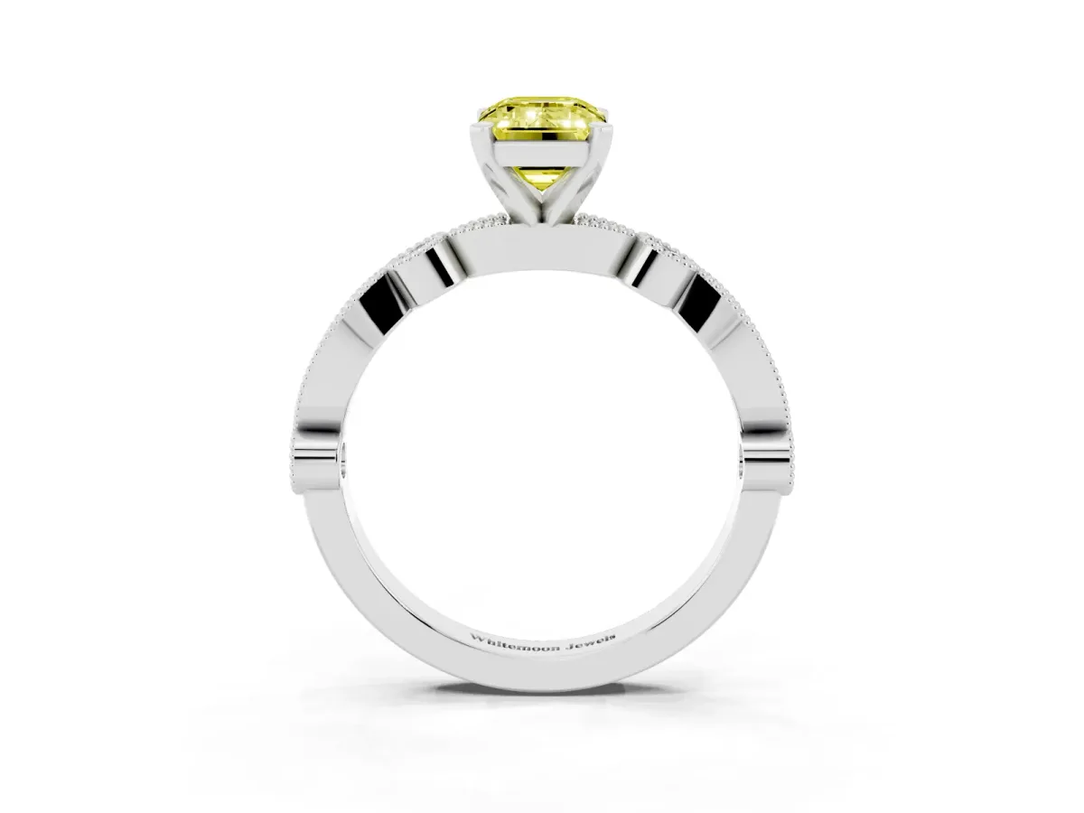 Fancy Yellow Emerald Cut Milgrain Bezel Diamond Engagement Ring with Solitaire Prong Setting Platinum
