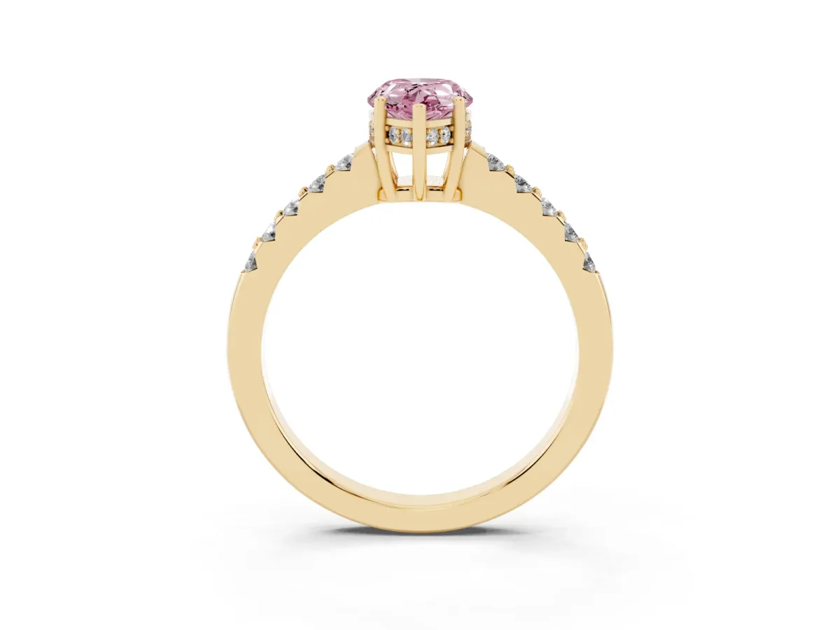 Fancy Pink Pear Cut Solitaire Diamond Engagement Ring with Pavé Band and Six-Prong Setting Yellow gold