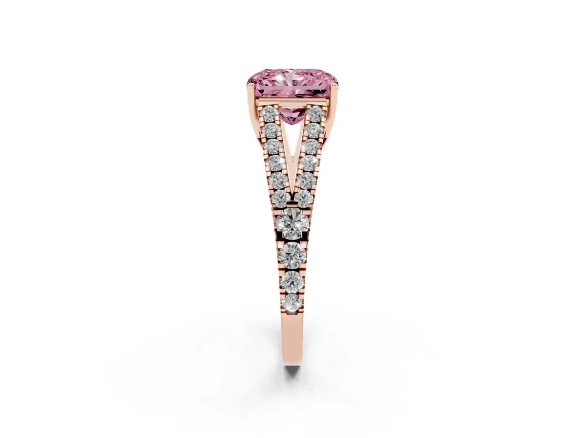 Fancy Pink Radiant Cut Diamond Split Shank Engagement Ring with Round Pavé and Prong Setting Rose gold