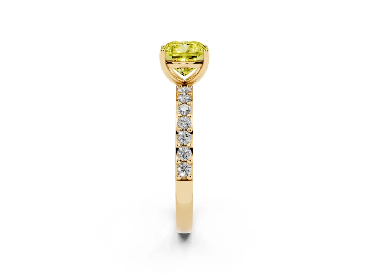 Fancy Yellow Cushion Cut Cut Diamond Solitaire with Pave Band and Four-Prong Setting Yellow gold