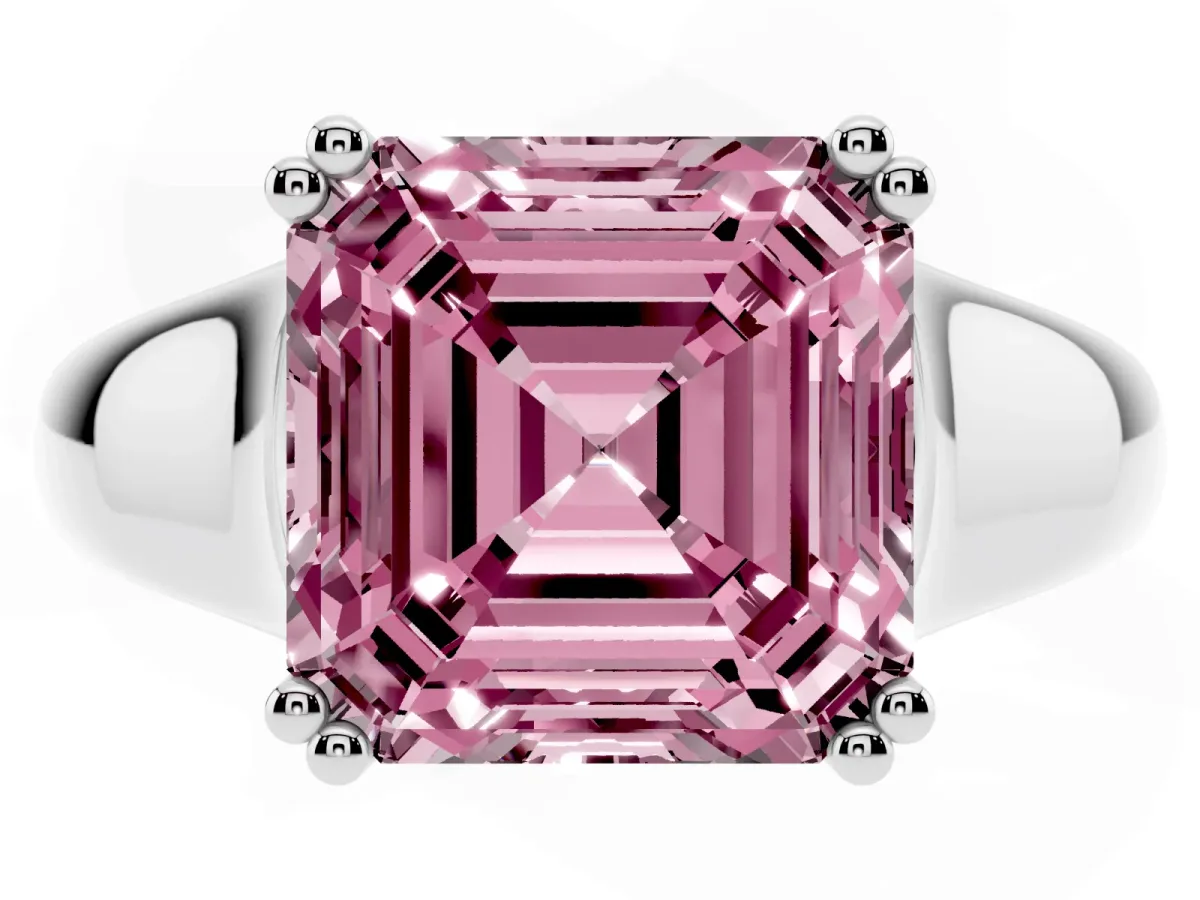 Fancy Pink Asscher Cut Diamond Solitaire Ring with Wide Band and Prong Setting Platinum