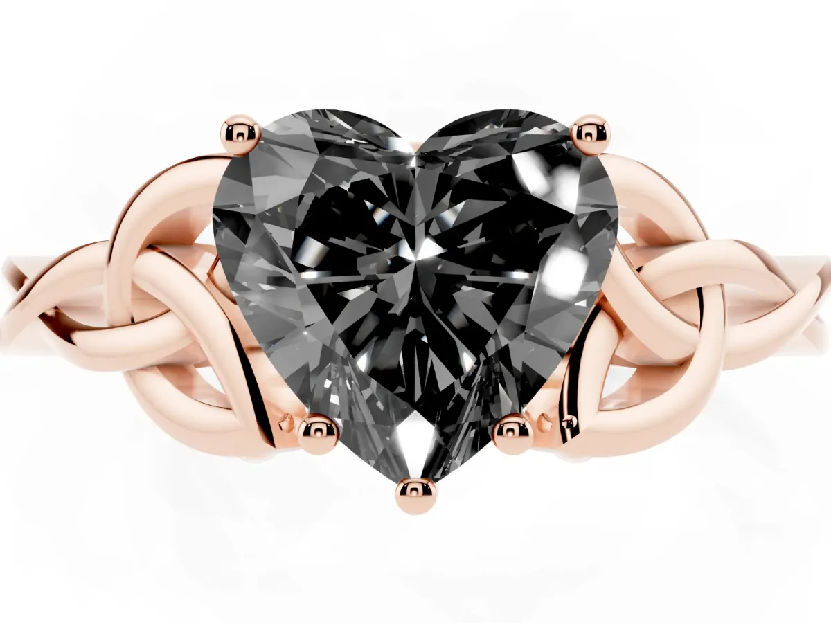 Fancy Black Heart Cut Diamond Solitaire Engagement Ring with Celtic Knot Band and Four-Prong Setting Rose gold