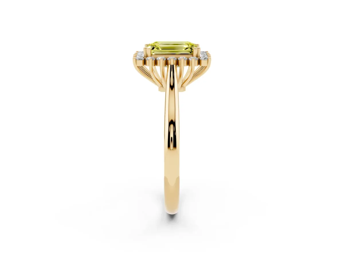 Fancy Yellow Emerald Cut Cut Diamond Halo Ring with Solitaire Band and Prong Setting Yellow gold