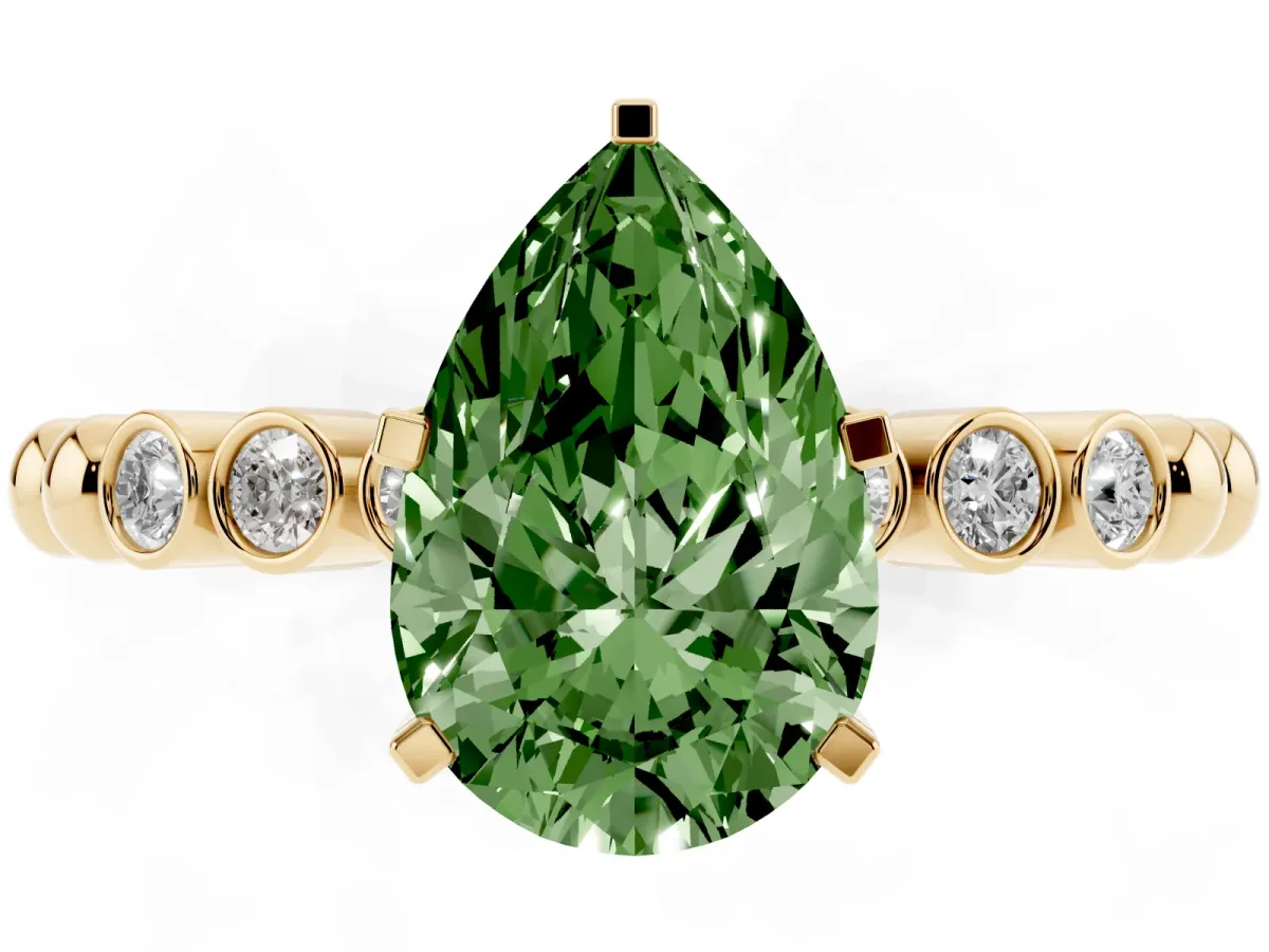 Fancy Green Pear Cut Solitaire Bezel Accent Diamond Engagement Ring with Beaded Band and Four-Prong Setting Yellow gold