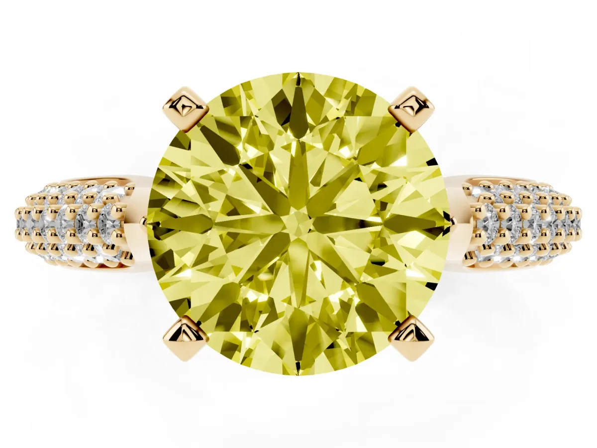 Fancy Yellow Round Cut Diamond Solitaire Engagement Ring with Multi-Row Round Pavé Band and Prong Setting Yellow gold