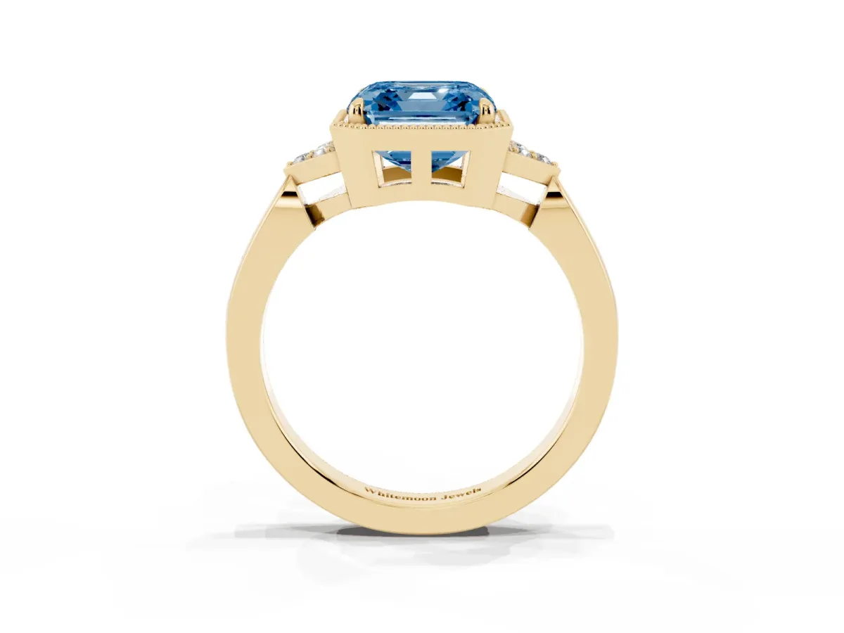 Fancy Blue Hexagonal Halo Asscher Cut Diamond Solitaire with Pavé Band and Four-Prong Setting Yellow gold