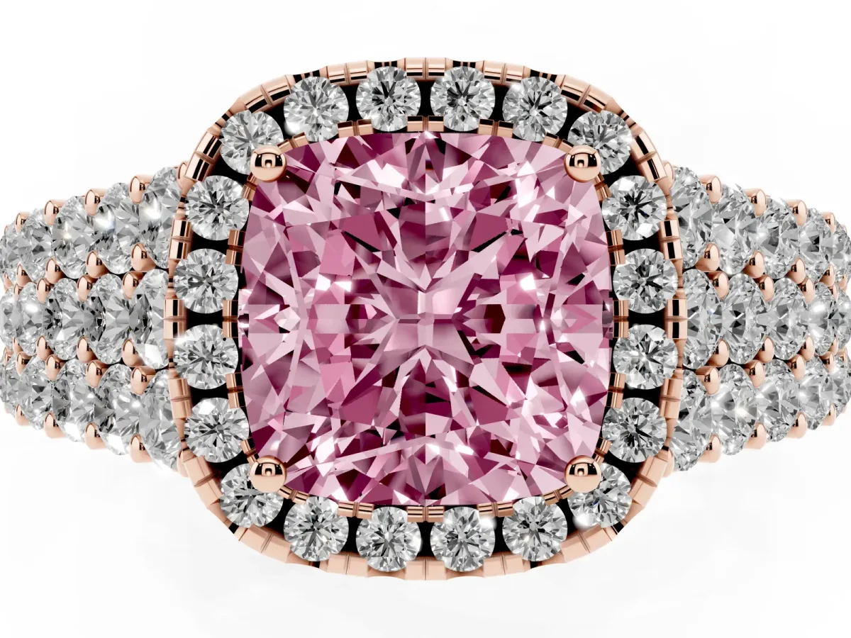 Fancy Pink Cushion Cut Diamond Halo Engagement Ring with Triple Row Round Pavé Band and Prong Setting Rose gold
