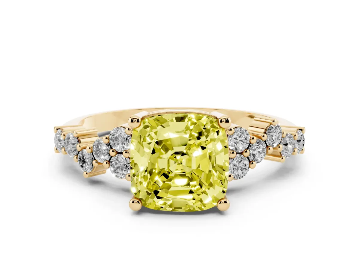 Fancy Yellow Cushion Cut Diamond Scattered Round Accent Ring with Prong Setting Yellow gold