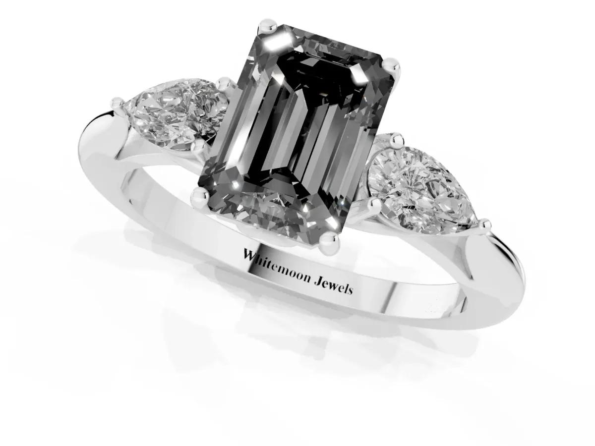 Fancy Black Three-Stone Emerald Cut Brilliant Diamond Solitaire Ring with Tapered Band and Four-Prong Setting Platinum