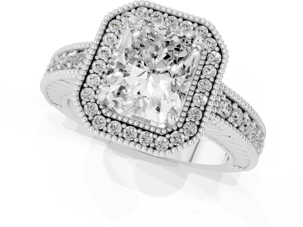 Radiant Cut Cut Halo Diamond Ring with Pavé Band and Four-Prong Setting Silver