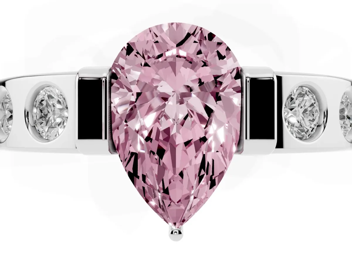 Fancy Pink Pear Cut Brilliant Channel-Set Diamond Ring with Bezel Prong Setting Silver