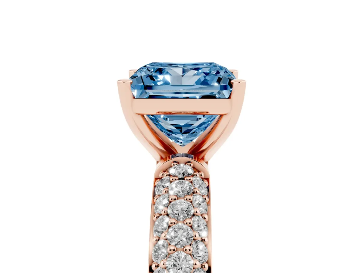Fancy Blue Princess Cut Diamond Solitaire Ring with Prong Setting and Pavé Band Rose gold