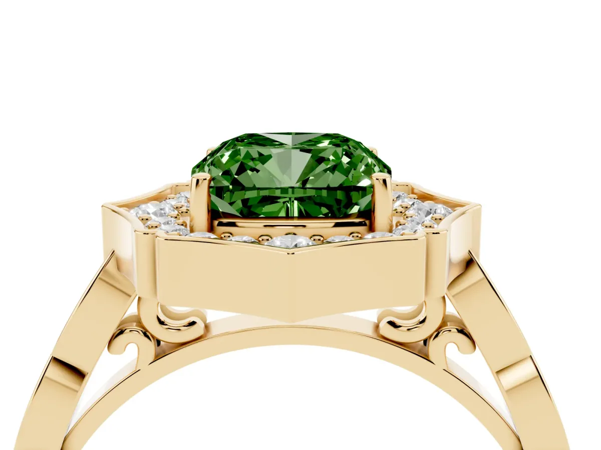 Fancy Green Cushion Cut Halo Diamond Engagement Ring with Milgrain Band and Four-Prong Setting Yellow gold