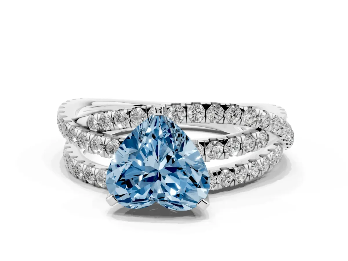 Fancy Blue Heart Cut Solitaire Twist Band with Pavé Setting and Four-Prong Setting Silver