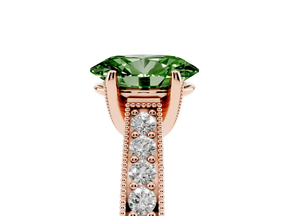 Fancy Green Oval Cut Cut Diamond Solitaire Ring with Milgrain Pave Band and Four Prong Setting Rose gold