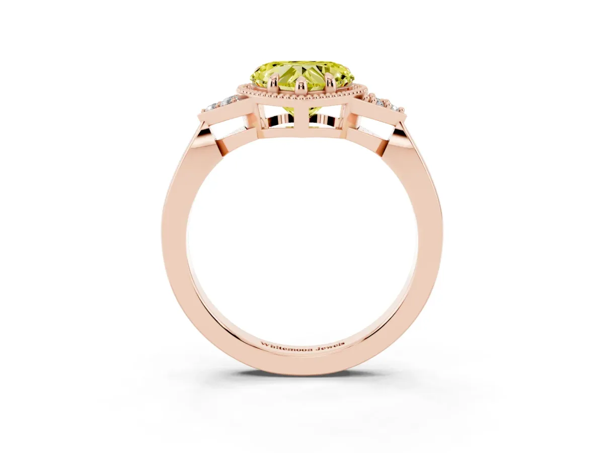 Fancy Yellow Heart Cut Diamond Halo Ring with Tapered Band and Four-Prong Setting Rose gold