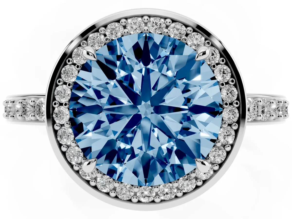 Fancy Blue Round Cut Halo Pave Band Solitaire Ring with Prong Setting Silver