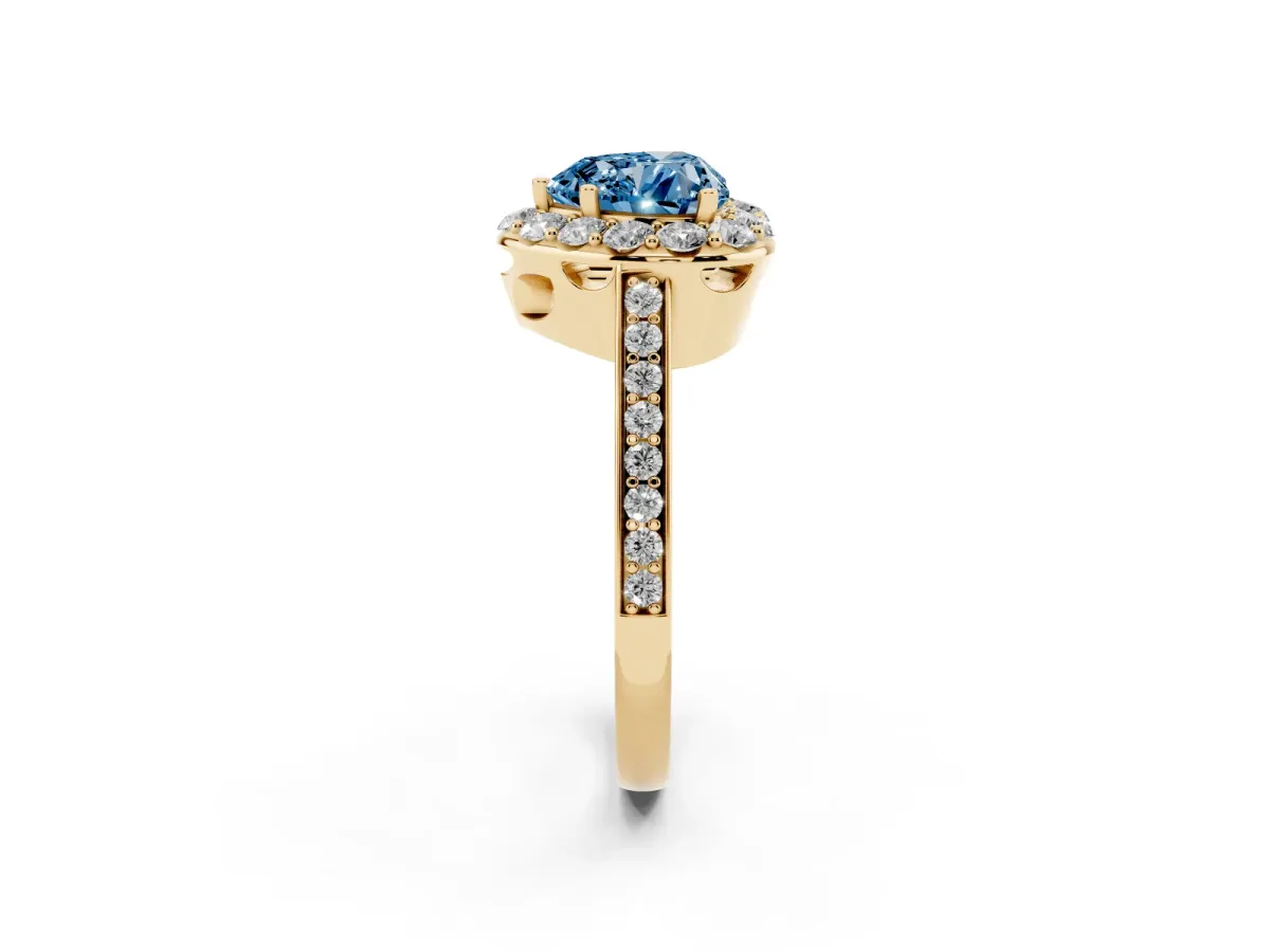 Fancy Blue Heart Cut Diamond Floral Halo Ring with Pavé Band and Prong Setting Yellow gold