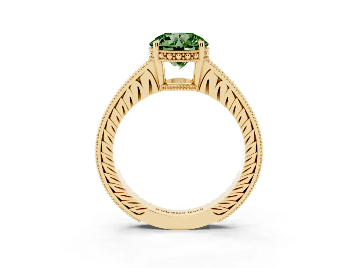 Fancy Green Round Cut Solitaire Pavé Diamond Milgrain Engagement Ring with Four-Prong Setting Yellow gold