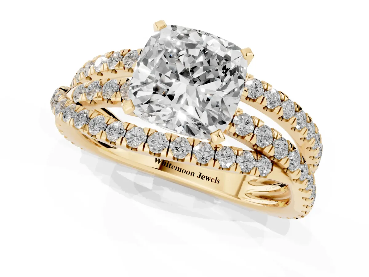 Cushion Cut Solitaire Twist Band with Pavé Setting and Four-Prong Setting Yellow gold