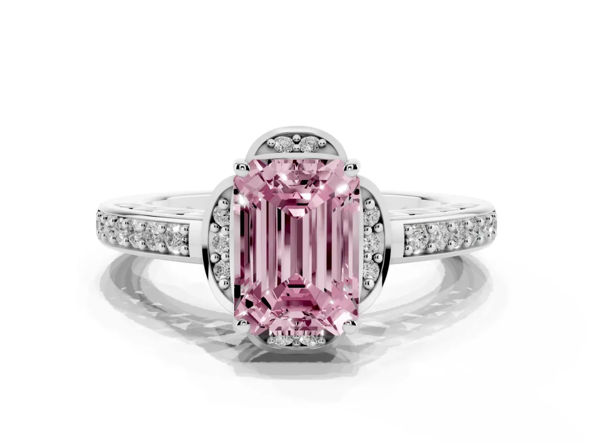 Fancy Pink Emerald Cut Cut Halo Diamond Ring with Channel Set Band and Four-Prong Setting White gold