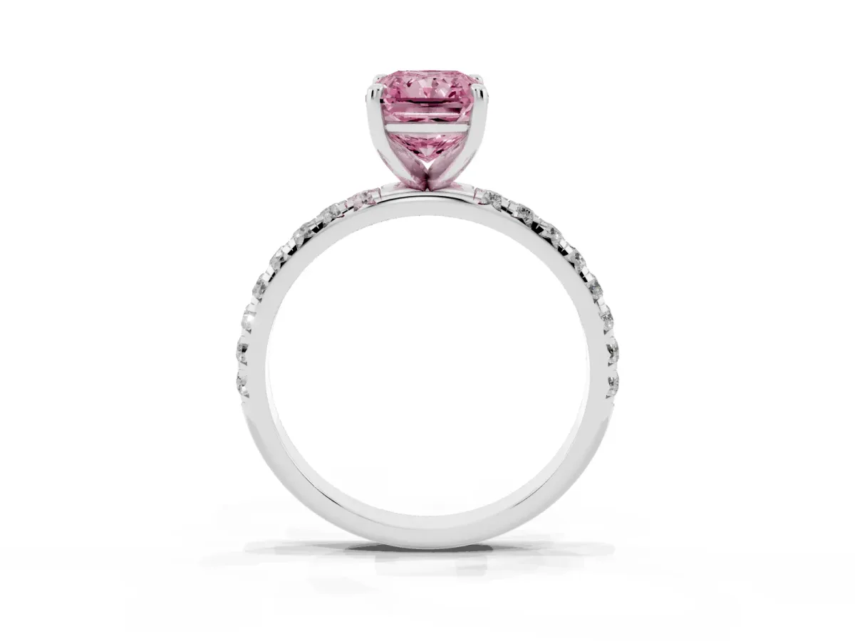 Fancy Pink Radiant Cut Cut Diamond Solitaire Ring with Micro Pave Band and Four Prong Setting Platinum